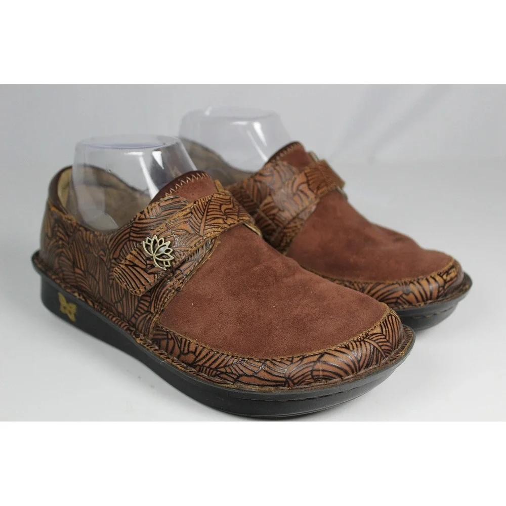 Alegria Paloma Brown Embossed Leather Suede Mary Jane Comfort Shoes Womens 38